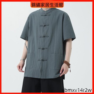 🔥薄款亞麻短袖襯衫 中國風短袖上衣男夏季民族風衣服 吸溼排汗透氣純棉粗布唐裝男唐裝上衣男 中老年茶服寬松襯衫