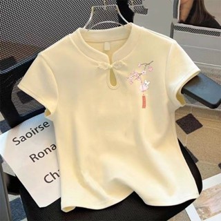 新中式短袖T恤女裝夏季2025新款爆款純棉小個子短款國風上衣潮流 國潮 中國風上衣 復古上衣 大尺碼上衣 顯瘦 短袖T恤