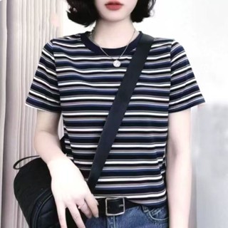 女士t恤短袖2025新款夏季媽媽中年新款上衣寬鬆條紋圓領百搭大碼