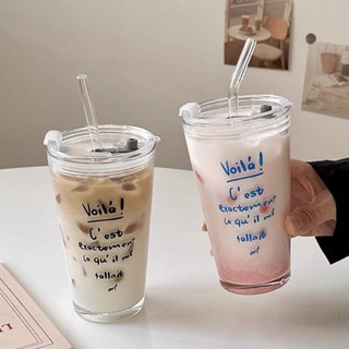 taoye♡ | ins風法文字母大容量玻璃杯咖啡杯帶蓋高顏值水杯家用玻璃吸管杯 杯子