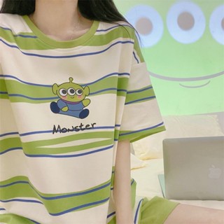 簡單美 網紅ins卡通條紋睡衣 女新款夏季短袖短褲可外穿家居服薄款兩件套 睡衣套裝