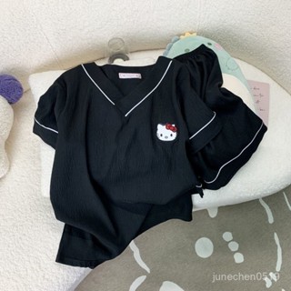 🙆‍♀️【夏天睡衣】🥰【hello kitty睡衣】卡通純棉睡衣女士夏季雲朵棉短袖短褲少女V領夏天套頭家居服套裝 U4L