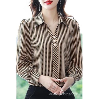 💕臺灣出貨💕女裝-上衣-媽媽裝-中年女裝-大碼舒適條紋襯衫女士裝春秋2025年新款媽媽洋氣上衣時尚雪紡小衫長袖襯衣 ON
