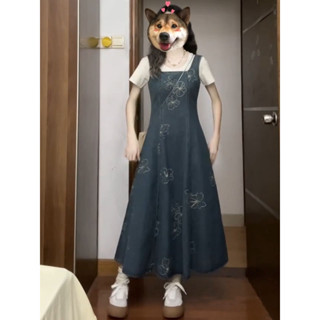 【Sweet Oversize】 套裝/單件女學生複古風過膝通懃印花牛仔背帶連衣裙+百搭白色上衣