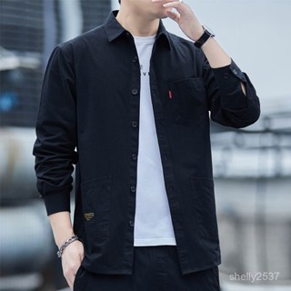 男士免燙長袖襯衫2023秋季新款時尚工裝襯衣休閒寬鬆上衣百搭外套