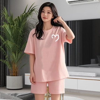 貨物臺階 胖MM韓版遮肚子睡衣套裝牛奶絲短袖短褲夏季家居服套裝 女生套裝 時尚套裝 貨物套裝 韓版套裝JA034