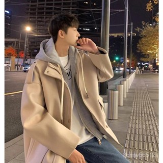 JTL品質優選-假兩件外套男秋冬新款潮牌寬鬆百搭情侶款連帽風衣美式港風呢大衣