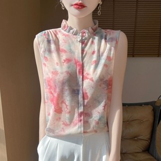 法式花邊無袖襯衫女 上衣 襯衫 襯衣 無袖打底衫 時尚氣質職業裝洋氣木耳邊高檔背心上衣韓係女裝 大尺碼女裝 夏天女裝