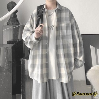 ✨Fancern✨ 臺灣出貨 韓版格子襯衫男春季ins青少年長袖襯衣2021寬鬆潮流帥氣百搭外套
