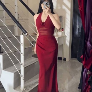 WIT#晚禮服小禮服晚宴服洋裝法式絶美禮服氣質紅色網紗拚接掛脖連衣裙鏤空顯瘦性感包臀裙長款