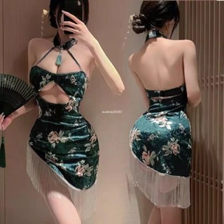 cp 情趣內衣人間富貴花印花絲絨掛脖流蘇旗袍性感純欲套裝sex