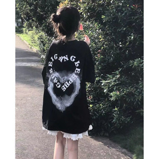 LanFa時尚女裝/上衣 短袖 女生 短袖純棉 韓版 寬鬆上衣 復古街頭煙霧愛心短袖T恤女夏季設計感小眾ins寬鬆上衣服