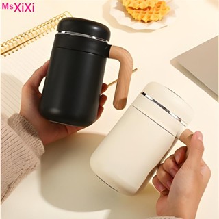XiXi【生活綺夢小物館】雙層不鏽鋼 保溫杯帶過濾器 高品質辦公室 家用咖啡茶保溫杯 木柄