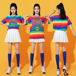 運動會團體服 拉拉隊服 韓版爵士舞服裝女啦啦隊jazz學生彩虹女團舞蹈啦啦操短袖裙子套裝 E0FJ