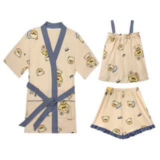🔥臺灣出貨🔥睡衣女夏季睡袍吊帶可愛藍熊2024年新款春秋款舒適家居服浴袍套裝