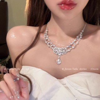 高階感串珠項鏈 珍珠項鏈女 法式水滴珍珠項鏈女2024新款復古公主宮廷風鎖骨鏈晚禮服鑲鉆頸鏈 吊墜 頸飾