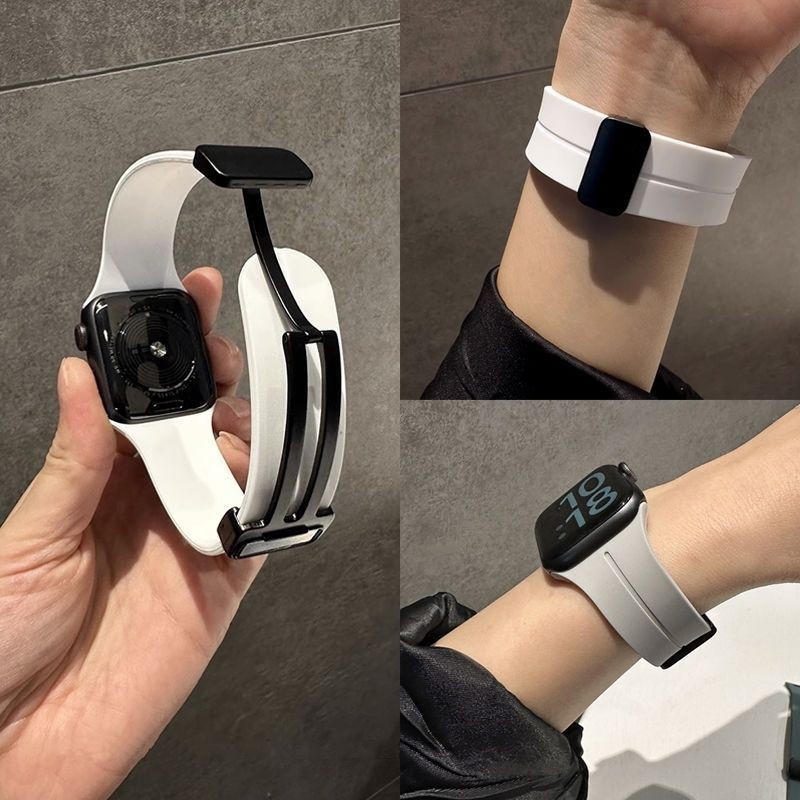 適用Apple Watch 9 8 7 6 SE錶帶 45mm 41mm 42mm通用矽膠錶帶 折疊磁吸錶帶 防水錶帶