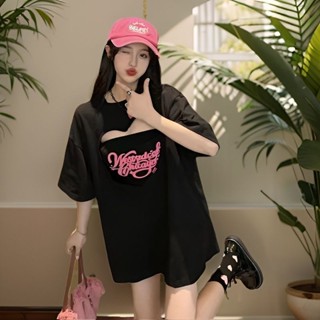 ⚡桃園出貨 短袖T恤 上衣女 大碼mm辣妹鏤空愛心兩件套T恤短袖上衣夏季新款顯瘦寬鬆半袖