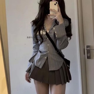 【桃園發貨免運】❥熱賣❥JK制服套裝美式學院風純欲辣妹條紋收腰襯衫女設計感小眾長袖上衣