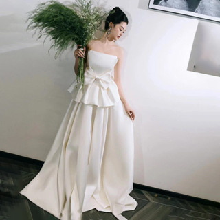 法式輕婚紗氣質抹胸蝴蝶結訂婚禮服女森係超僊新娘迎賓出門輕婚紗