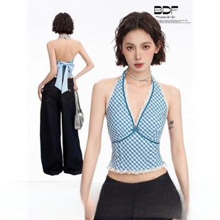 🟠ViVi SHOP🟠 吊帶上衣 吊帶背心 夏天背心 藍色格子蕾絲掛脖吊帶背心女夏季外穿內搭打底辣妹遮副乳美背上衣