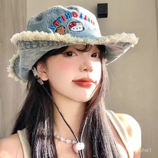 🔥臺灣熱賣🔥【加寬帽簷遮陽防護】牛仔毛邊漁夫帽盆帽夏季帽簷顯臉遮陽大頭防曬帽子登山帽子kitty JOFX
