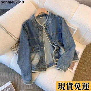 🌸限時低價🌸 歐貨牛仔外套女工裝風口袋短款外套港風複古上衣春秋季新款圓領寬鬆顯瘦毛邊休閒百搭立領夾剋i