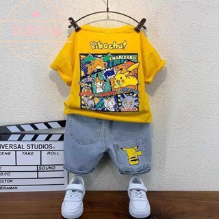 皮卡丘兒童衣服短褲套裝寶可夢皮卡丘牛仔短褲套裝兒童寶可夢上衣卡通洋氣半袖帥氣時髦潮童套裝 FF04
