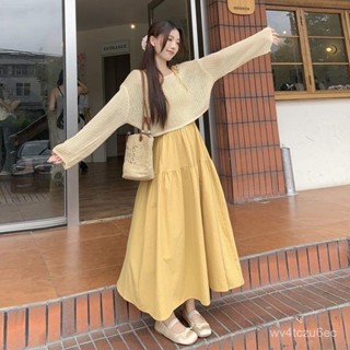 【VV】韓版套裝 馬卡龍套裝 多巴胺穿搭 夏季新款 溫柔風套裝女夏季韓係鏤空防曬罩衫疊穿黃色吊帶連衣裙時尚兩件套