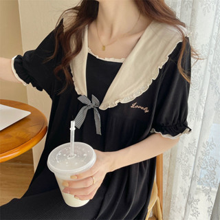 睡裙女夏季寬鬆大碼短袖薄款ins甜美少女中長款夏天睡衣露出 睡衣裙 睡衣女 睡褲女 睡裙夏天 涼感套裝