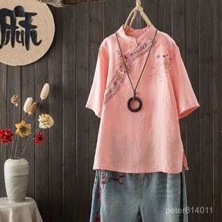 【PE】古著襯衫 棉麻襯衫 民族風複古夏季茶服寬鬆刺繡短袖上衣女純色立領盤扣中式棉麻襯衫