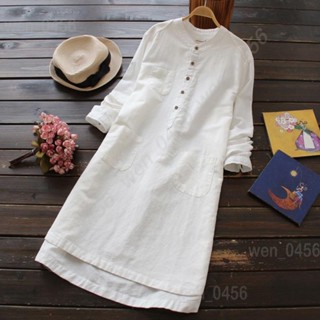 【新店優惠】S-5xl 棉麻洋裝女春秋裝寬鬆大尺碼氣質素色長袖亞麻襯衫中長裙