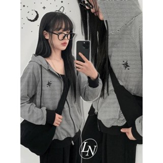 Codibook｜韓國 Loonough 拼接條紋兩穿連帽外套［預購］拉鍊外套 連帽上衣 女裝
