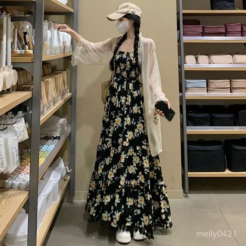 ⭐夏季爆品⭐【店鋪熱銷】2025新款大碼女裝法式氣質高腰印花吊帶裙夏季薄紗開衫碎花套裝 吊帶裙 日系女裝 大碼女裝 大碼