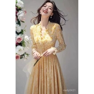 ⭐夏季爆品⭐春夏法式黃色碎花連衣裙女士2025春裝新款高階感輕奢爆款漂亮裙子 連衣裙 洋裝 歐逆連身裙 花朵連身裙