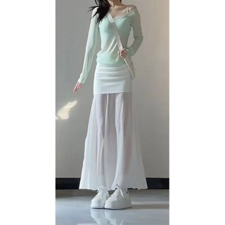 兩件式套裝 兩件套 套裝女2025春季純慾風防曬罩衫薄款長袖上衣高腰顯瘦半身裙三件套 女生套裝 女套裝