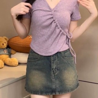Luxi❤大碼3氣質v領抽繩正肩短袖T恤顯瘦不規則夏季短款上衣潮