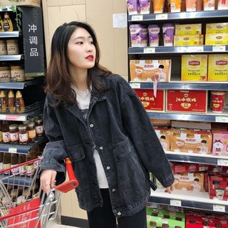 Good✨2025春季韓版黑色工裝中長款牛仔外套女寬鬆bf港風複古大口袋學生