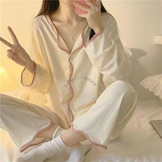 Twiggie❥韓版睡衣大碼日系可愛韓國睡衣居家服套裝衣服春秋季長袖長褲睡衣女簡約拉邊寬鬆少女學生居家寬鬆坑條套裝