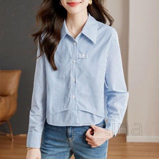 【免運24-H】2025藍色時尚秋季新款設計短版條紋寬鬆襯衫拼接長袖襯衫上衣