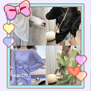 臺灣出貨✨大尺碼防曬衫T恤上衣冰絲套頭防曬上衣女生T恤韓版寬鬆外搭透氣長袖防曬衫夏季薄款寬松學生t恤抽繩上衣女s6363