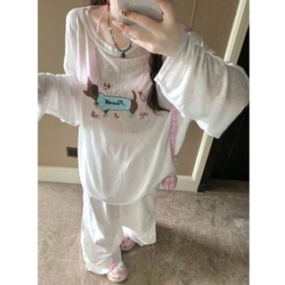 🟠ViVi SHOP🟠 狗狗印花防曬罩衫長袖T恤女夏季薄款慵懶風寬鬆顯瘦百搭圓領上衣