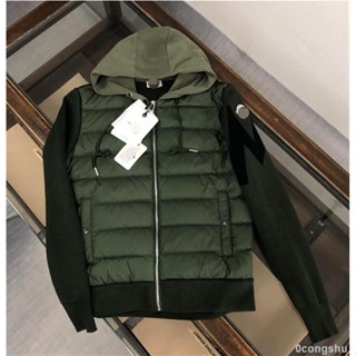 高階品質拼接針織拉鍊連帽羽絨服 男生女生外套 冬保暖修身休閒上衣外套 連帽防風外套 輕盈保暖羽絨外套綠色