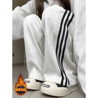 🚀隔日到店&防曬透氣⚡加絨加厚直筒小個子條紋運動褲女秋冬季新款直筒寬鬆闊腿褲潮批髮
