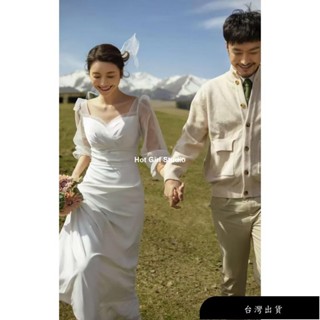 【免運】法式緞面輕婚紗 高階感旅拍森系外拍自助婚紗 旅拍寫真登記結婚禮服 簡約長袖小拖尾新娘證婚禮服洋裝 甜美白色長洋裝