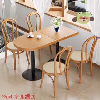 【Shark傢俱】咖啡廳奶茶店甜品店桌椅組閤複古日式實木餐椅半圓形方形餐桌定製