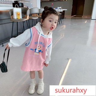 ruiwen0512女童大學T 兒童中長款假兩件上衣 寶寶連帽衛衣裙 春秋長袖裙子