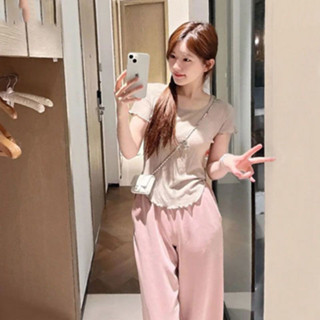 【1311人收藏】套裝女夏季新款木耳邊短袖上衣垂感拖地闊腿褲子時尚顯瘦兩件套潮