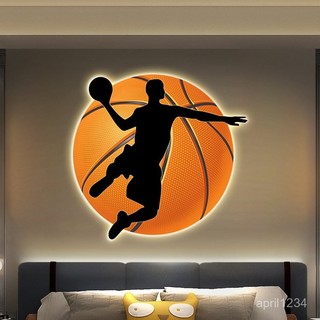 A NBA籃球墻上掛飾 男孩兒童房裝飾畵 臥室床頭髮光led燈畵 客廳背景墻 掛畵玄關 籃球男孩 NBA喬丹掛畫
