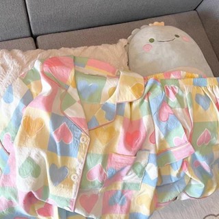女童睡衣多巴胺彩色愛心夏季短袖薄款外出甜美洋氣可愛家居服套裝 兒童睡衣 女孩 夏季 冰絲薄款 空調服 寶寶冰涼家居服套